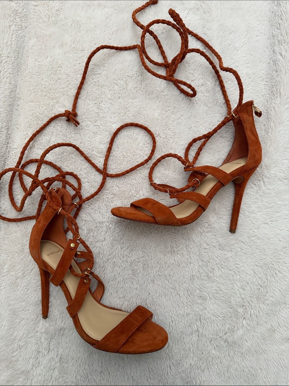 Marciano Scarlett | Rust Suede Lace-Up High Heel Sandals | 7.5